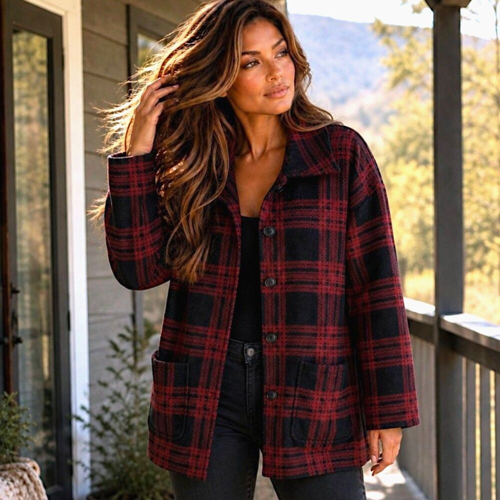 J Jill XL Petite Gorpcore Red Black Cabincore Plaid Jacket Cozy Button Heritage